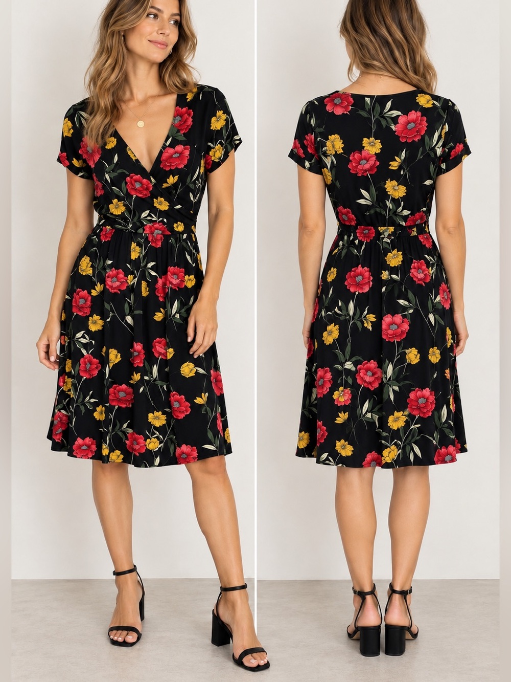 Leota Black Red V-neck big Floral Short sleeve Midi Dress Poppy Print Size XS